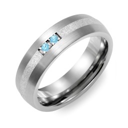 Men's 2-Stone Dome Ring With Sandblasted Inlay in Tungsten with Blue Topaz