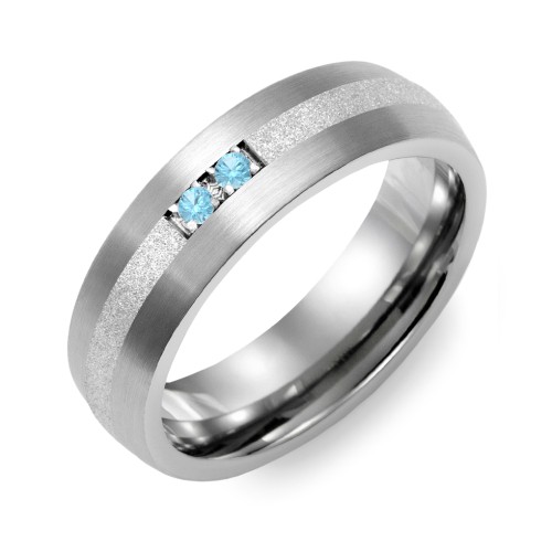 Men's 2-Stone Dome Ring With Sandblasted Inlay – Tungsten with Blue Topaz