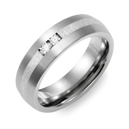Men's 2-Stone Dome Ring With Sandblasted Inlay in Tungsten with Cubic Zirconia