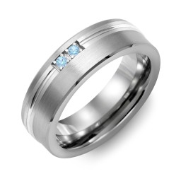 Men's 2-Stone Brushed Ring With Off-Center Carved Line Inlay in Tungsten
