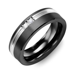 Men's 2-Stone Brushed Ring With Off-Center Carved Line Inlay