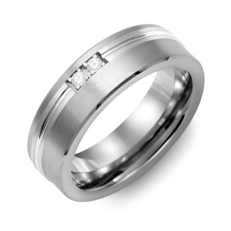 Men's 2-Stone Brushed Ring With Off-Center Carved Line Inlay