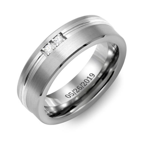Men's 2-Stone Brushed Ring With Off-Center Carved Line Inlay