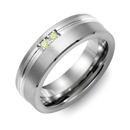Men's 2-Stone Brushed Ring With Off-Center Carved Line Inlay