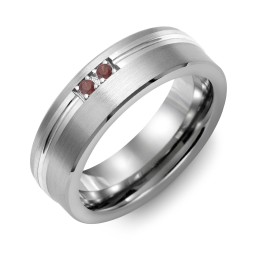 Men's 2-Stone Brushed Ring With Off-Center Carved Line Inlay in Tungsten with Garnet