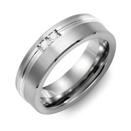 Men's 2-Stone Brushed Ring With Off-Center Carved Line Inlay in Tungsten with Cubic Zirconia