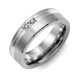 Men's 2-Stone Brushed Ring With Off-Center Carved Line Inlay in Tungsten with Smokey Quartz