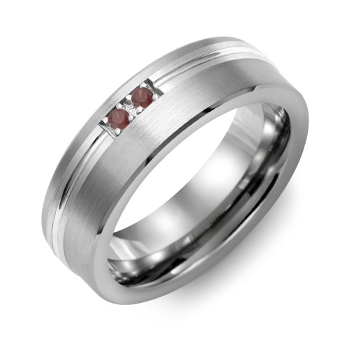 Men's 2-Stone Brushed Ring With Off-Center Carved Line Inlay – Tungsten with Garnet