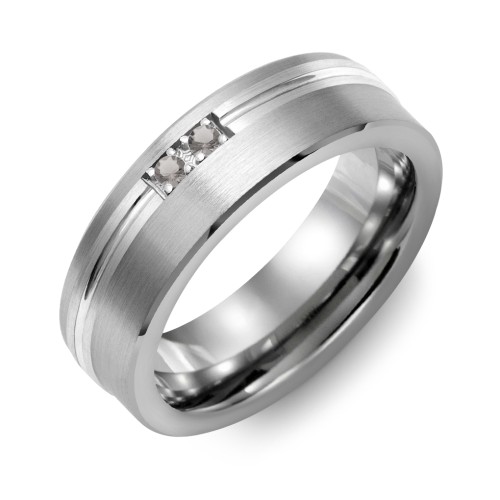 Men's 2-Stone Brushed Ring With Off-Center Carved Line Inlay – Tungsten with Smokey Quartz