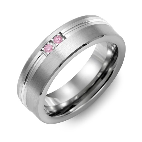 Men's 2-Stone Brushed Ring With Off-Center Carved Line Inlay – Tungsten with Pink Tourmaline