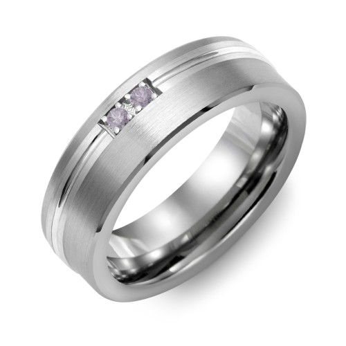 Men's 2-Stone Brushed Ring With Off-Center Carved Line Inlay – Tungsten with Alexandrite