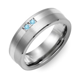 Men's 2-Stone Brushed Ring With Off-Center Inlay in Tungsten with Blue Topaz