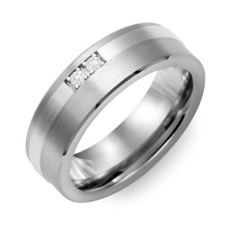 Men's 2-Stone Brushed Ring With Off-Center Inlay in Tungsten with Diamond