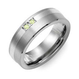Men's 2-Stone Brushed Ring With Off-Center Inlay in Tungsten with Peridot