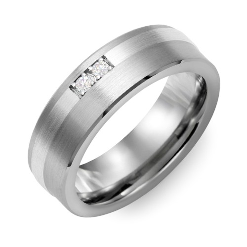 Men's 2-Stone Brushed Ring With Off-Center Inlay – Tungsten with Diamond