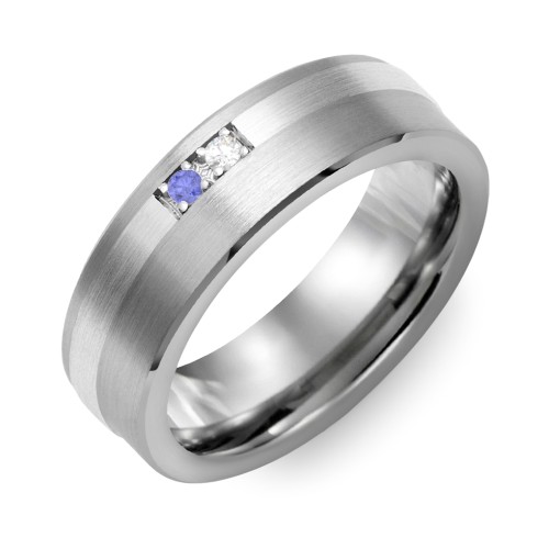 Men's 2-Stone Brushed Ring With Off-Center Inlay – Tungsten with Blue Sapphire and Cubic Zirconia