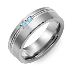 Men's 2-Stone Brushed Ring With Off-Center Milgrain Inlay in Tungsten with Blue Topaz
