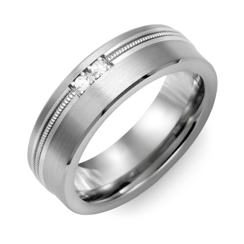 Men's 2-Stone Brushed Ring With Off-Center Milgrain Inlay – Tungsten with Cubic Zirconia