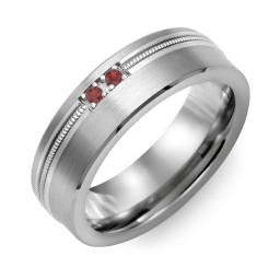 Men's 2-Stone Brushed Ring With Off-Center Milgrain Inlay in Tungsten with Garnet