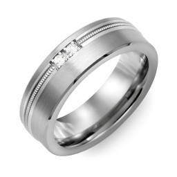 Men's 2-Stone Brushed Ring With Off-Center Milgrain Inlay in Tungsten with Cubic Zirconia