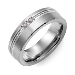Men's 2-Stone Brushed Ring With Off-Center Milgrain Inlay in Tungsten with Smokey Quartz