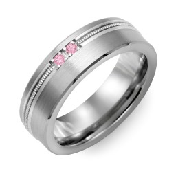 Men's 2-Stone Brushed Ring With Off-Center Milgrain Inlay in Tungsten with Pink Tourmaline
