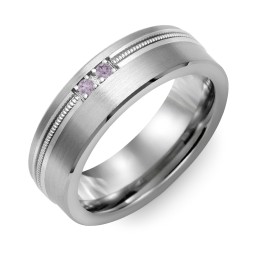 Men's 2-Stone Brushed Ring With Off-Center Milgrain Inlay in Tungsten with Alexandrite