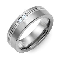 Men's 2-Stone Brushed Ring With Off-Center Milgrain Inlay in Tungsten with Blue Topaz