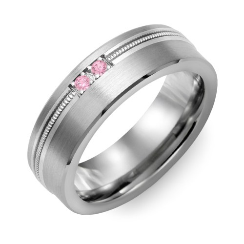 Men's 2-Stone Brushed Ring With Off-Center Milgrain Inlay – Tungsten with Pink Tourmaline