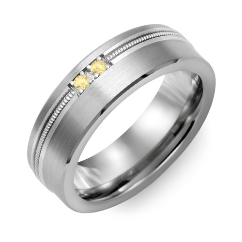 Men's 2-Stone Brushed Ring With Off-Center Milgrain Inlay – Tungsten with Citrine