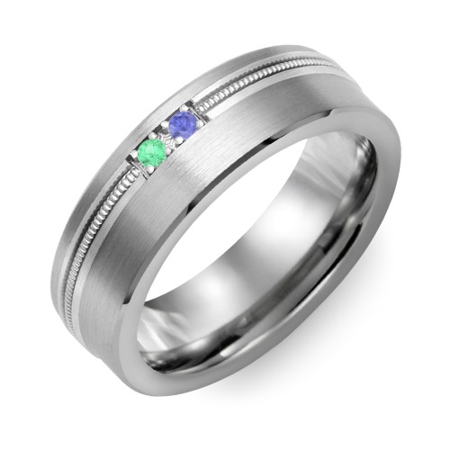 Men's 2-Stone Brushed Ring With Off-Center Milgrain Inlay – Tungsten with Emerald and Blue Sapphire