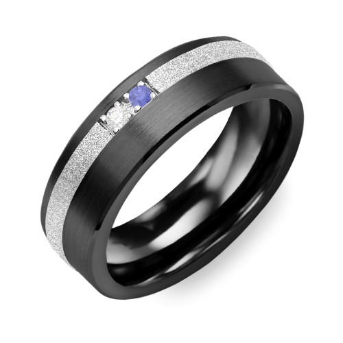 Men's 2-Stone Brushed Ring With Off-Center Sandblasted Inlay