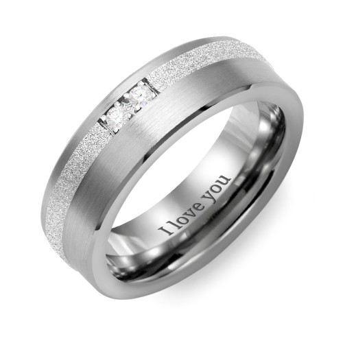 Men's 2-Stone Brushed Ring With Off-Center Sandblasted Inlay