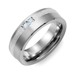 Men's 2-Stone Brushed Ring With Off-Center Sandblasted Inlay in Tungsten with Aquamarine