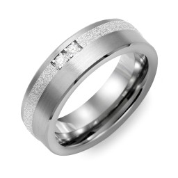 Men's 2-Stone Brushed Ring With Off-Center Sandblasted Inlay in Tungsten with Cubic Zirconia