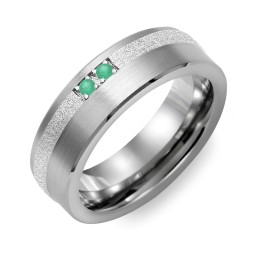 Men's 2-Stone Brushed Ring With Off-Center Sandblasted Inlay in Tungsten with Emerald