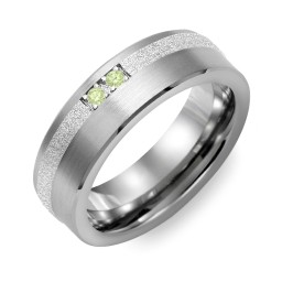 Men's 2-Stone Brushed Ring With Off-Center Sandblasted Inlay in Tungsten with Peridot