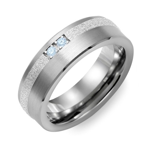 Men's 2-Stone Brushed Ring With Off-Center Sandblasted Inlay – Tungsten with Aquamarine