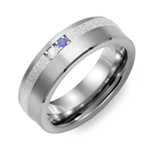 Men's 2-Stone Brushed Ring With Off-Center Sandblasted Inlay – Tungsten with Cubic Zirconia and Blue Sapphire
