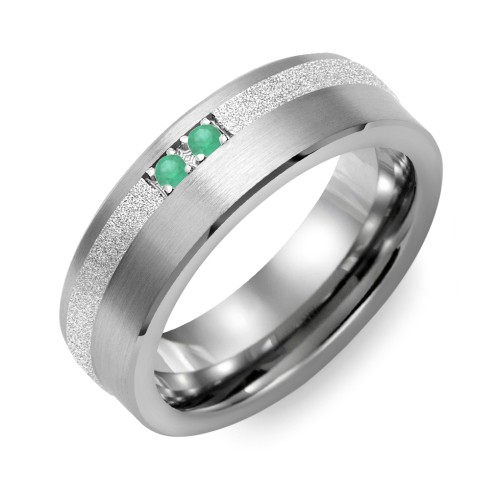 Men's 2-Stone Brushed Ring With Off-Center Sandblasted Inlay – Tungsten with Emerald
