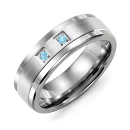 Men's 2-Stone Brushed Ring With Inlay in Tungsten with Blue Topaz