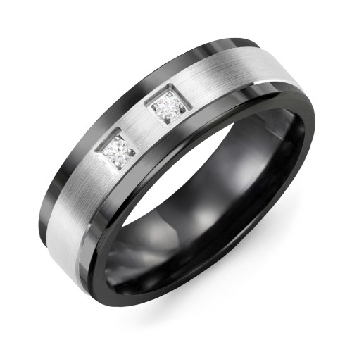 Men's 2-Stone Brushed Ring With Inlay – Ceramic with Diamond