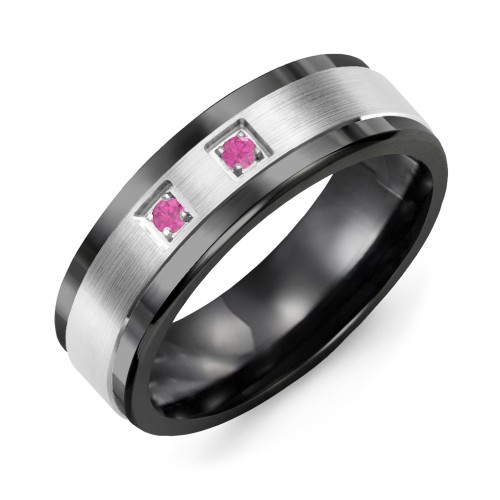 Men's 2-Stone Brushed Ring With Inlay – Ceramic with Ruby