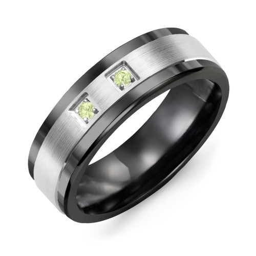 Men's 2-Stone Brushed Ring With Inlay – Ceramic with Peridot