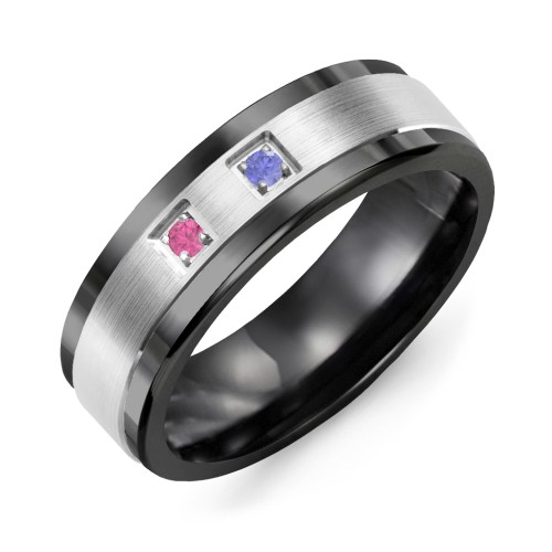 Men's 2-Stone Brushed Ring With Inlay – Ceramic with Ruby and Blue Sapphire