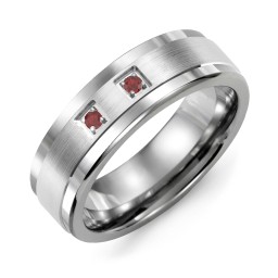 Men's 2-Stone Brushed Ring With Inlay in Tungsten with Garnet