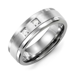 Men's 2-Stone Brushed Ring With Inlay in Tungsten with Cubic Zirconia