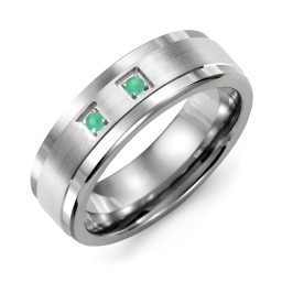Men's 2-Stone Brushed Ring With Inlay in Tungsten with Emerald