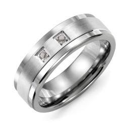 Men's 2-Stone Brushed Ring With Inlay in Tungsten with Smokey Quartz
