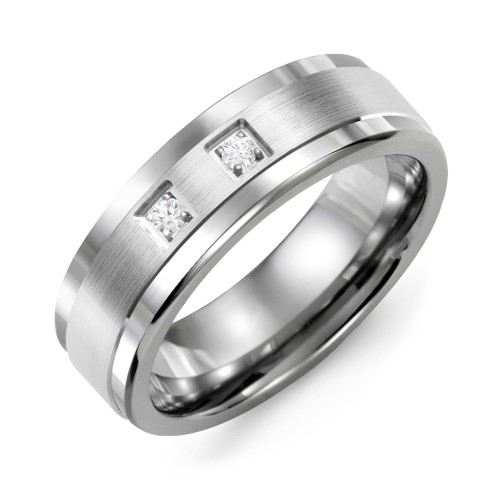 Men's 2-Stone Brushed Ring With Inlay – Tungsten with Diamond